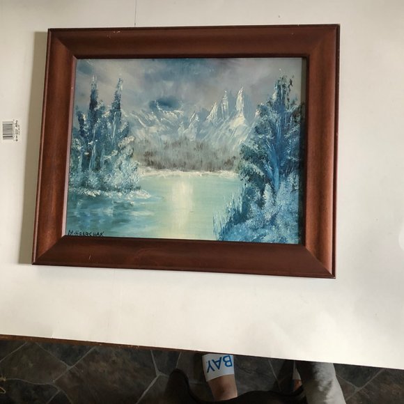 Small art painting on canvas board with wood frame landscape home decor signed - Picture 2 of 4